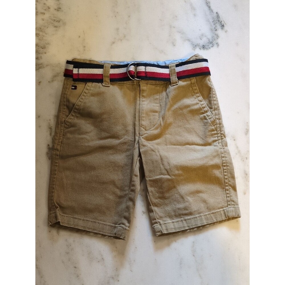 Tommy Hilfiger Boys Khaki Chino Shorts Size 6 Red-White-Blue Belt Patriotic